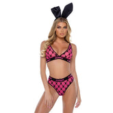 Playboy Flocked Bunny 2 Piece Sexy Lingerie Set Pink - - Bras and Bra Sets